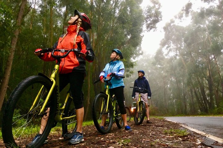 a man and a woman riding a bike down a dirt road