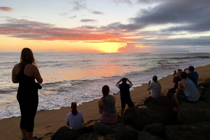 a group of people standing on a beach