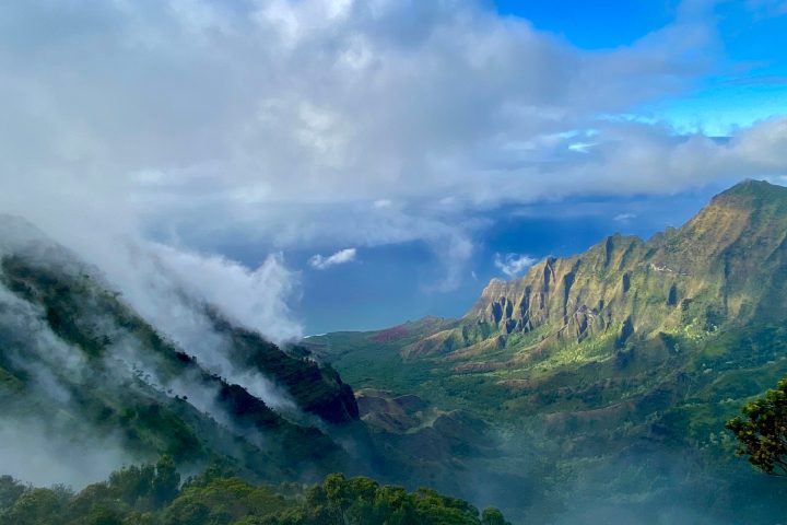 a large mountain in the background