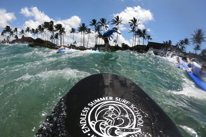a man riding a wave on a surfboard in the water