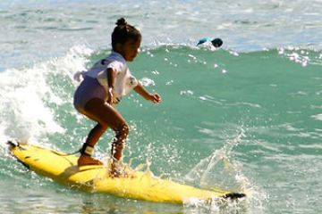 a man riding a wave on a surf board on a body of water