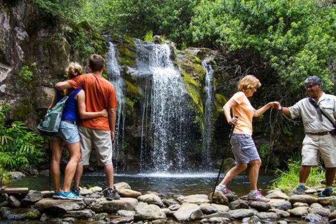 a group of people standing next to a waterfall