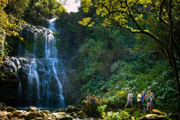 a group of people standing next to a waterfall