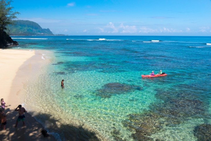 a group of people on a beach near a body of water