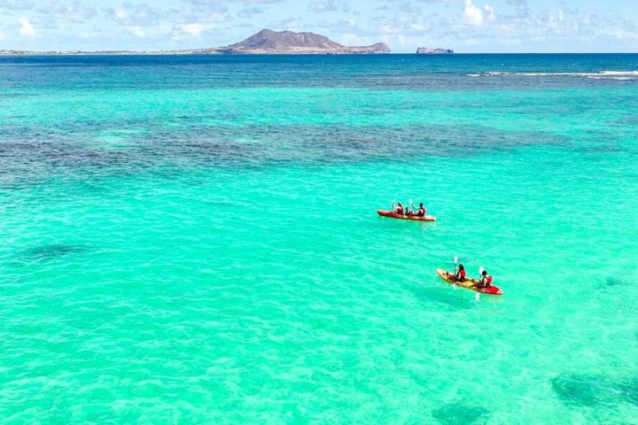 a blue and white boat floating on a body of water