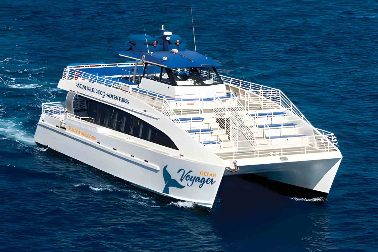 A white catamaran named 'Ocean Voyager' sails in blue ocean water.