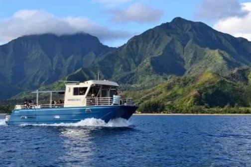 Boat sailing on the ocean with lush green mountains in the background under a blue sky.
