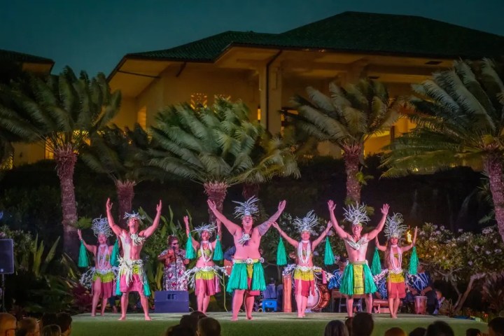 Hula dancers in colorful skirts perform outdoors at night under palm trees.